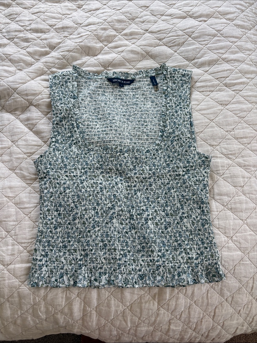 Veronica Beard Teal and White Floral Smocked Sleeveless Camisole - Picture 1 of 2